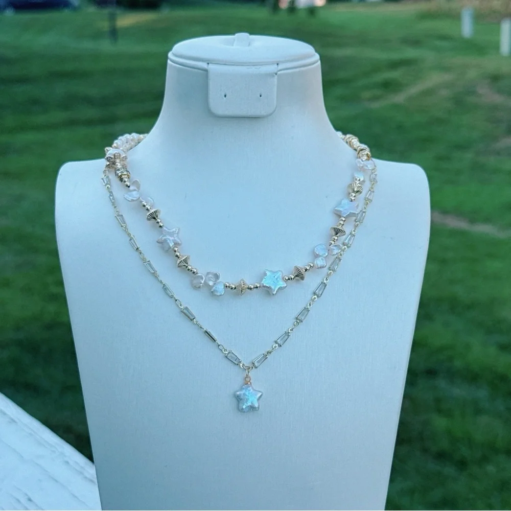 X628 Handmade Freshwater Baroque Star Pearl Dainty Double Layer Necklace - Picture 4 of 9